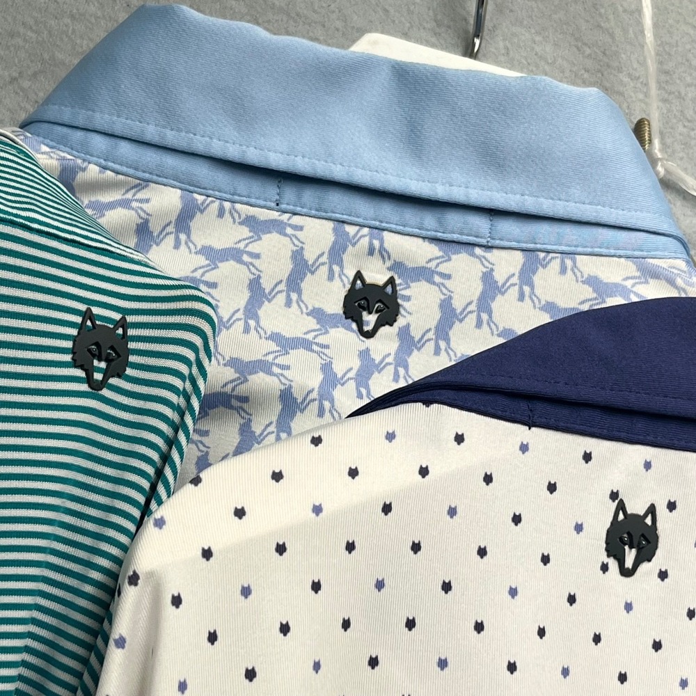 Lot of 3 Greyson  polos Mens Small AOP Blue White Wolf Print Performance Golf